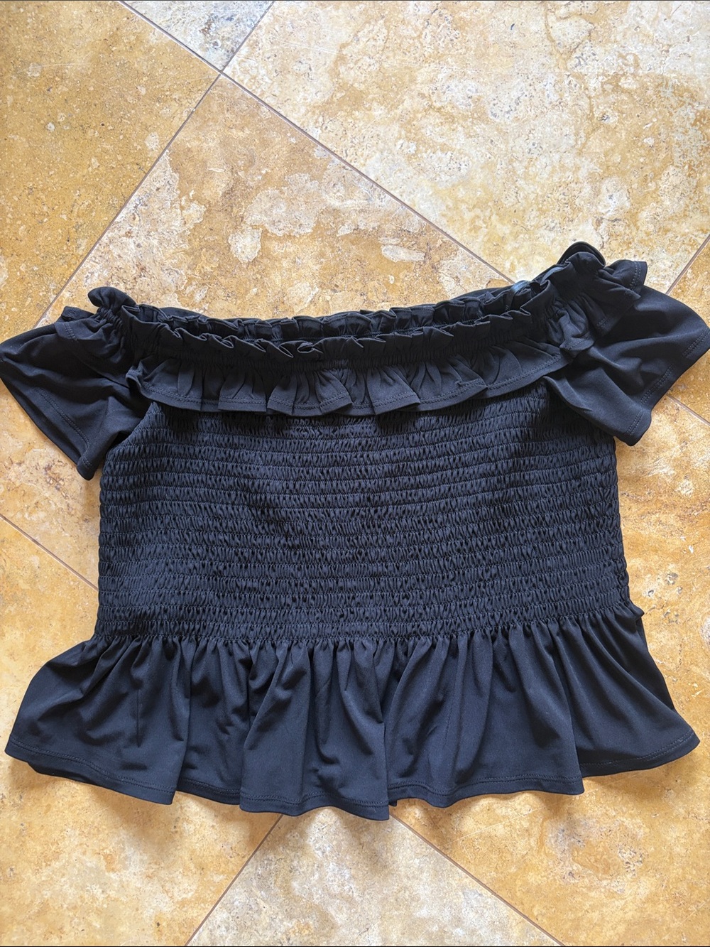 BCBGeneration Black Off-Shoulder Smocked Ruffle Crop Top